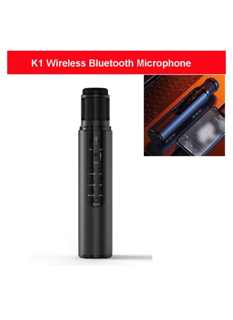 K1 High Quality Multifunctional Wireless Sound Card Bluetooth Microphone Audio Portable Handheld Karaoke Mic Speaker Player For Party Home (Black)