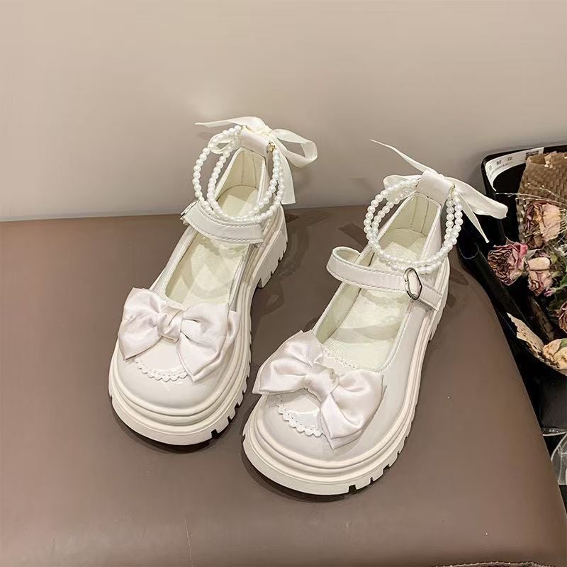 Pearl Small Leather Shoes Spring New Mary Jane Shoes 2024 Thick Heel High Heel Flats Thick Sole With Skirt Princess Round Toe - Image 2