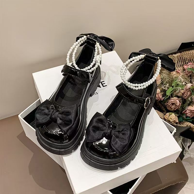 Pearl Small Leather Shoes Spring New Mary Jane Shoes 2024 Thick Heel High Heel Flats Thick Sole With Skirt Princess Round Toe - Image 3