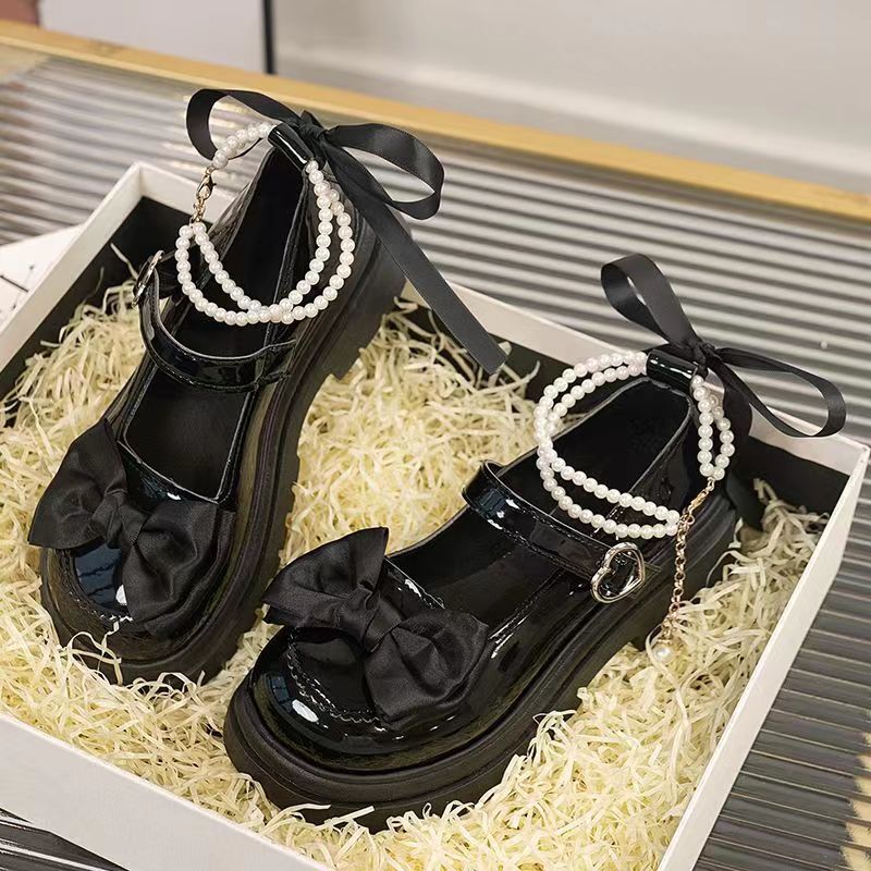 Pearl Small Leather Shoes Spring New Mary Jane Shoes 2024 Thick Heel High Heel Flats Thick Sole With Skirt Princess Round Toe - Image 5