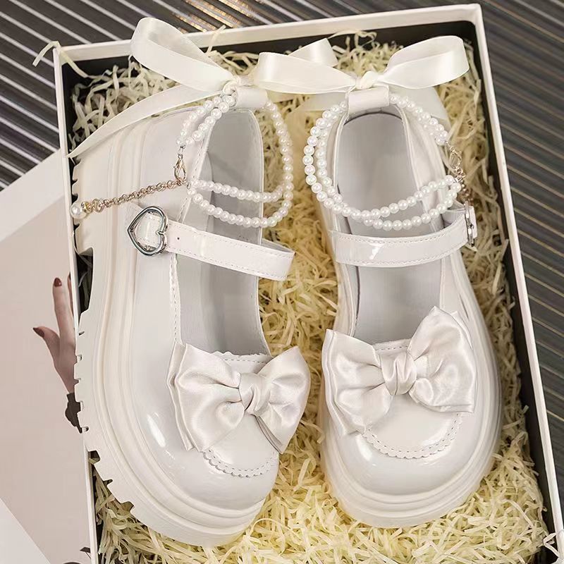 Pearl Small Leather Shoes Spring New Mary Jane Shoes 2024 Thick Heel High Heel Flats Thick Sole With Skirt Princess Round Toe - Image 4