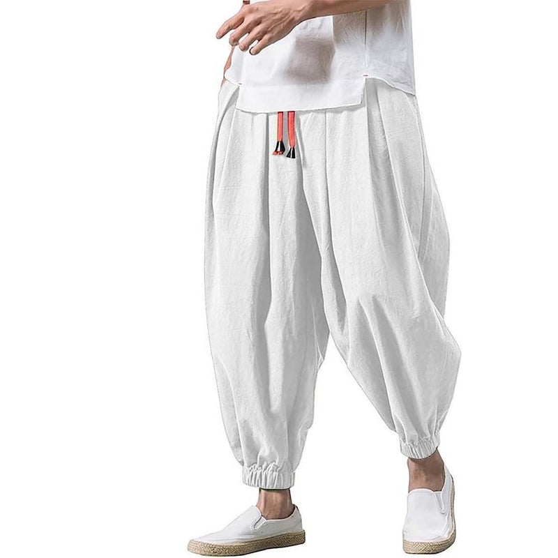 Summer New Mens Linen Bloomers Loose Cotton and Linen Ankle Pants plus size Trendy Wide Leg Pants Harlan Small Leg Pants White