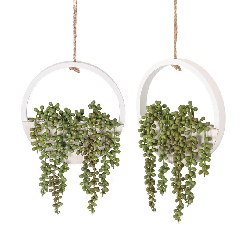 Floweroyal 2pcs Artificial Succulents Hanging Plants 12.2'' Fake String of Pearls in Pot with 8.3'' Lanyard for Indoor Outdoor Wall Decor. - Image 1
