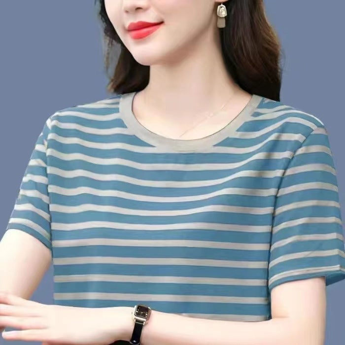 Summer New Women's T-Shirt Short-Sleeved Tops Large Size Loose Versatile Half-Sleeved Stripesd Round Neck Mom T-Shirt - Image 1