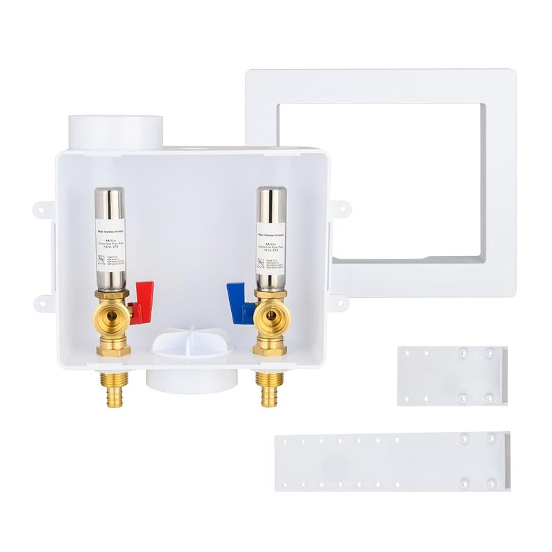 EFIELD Universal Washing Machine Outlet Box 12inch Pex Crimp Inlet Connection With Stainless Steel Water Hammer Arrestor Center DrainWM052