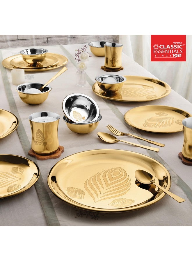 Classic Essentials Stainless Steel Gold Dinner Set with PVD Coating (Divine Dinner Set) | High Grade PVD Coating with Permanent Laser Design (Set of 14) - Image 3