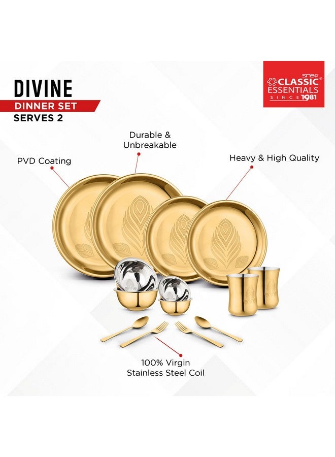 Classic Essentials Stainless Steel Gold Dinner Set with PVD Coating (Divine Dinner Set) | High Grade PVD Coating with Permanent Laser Design (Set of 14) - Image 4