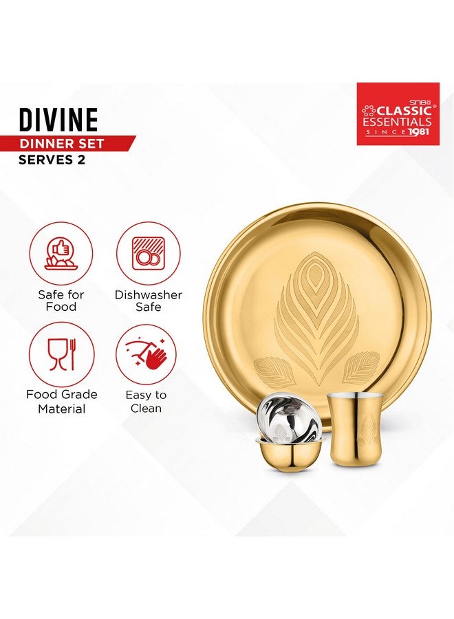 Classic Essentials Stainless Steel Gold Dinner Set with PVD Coating (Divine Dinner Set) | High Grade PVD Coating with Permanent Laser Design (Set of 14) - Image 5