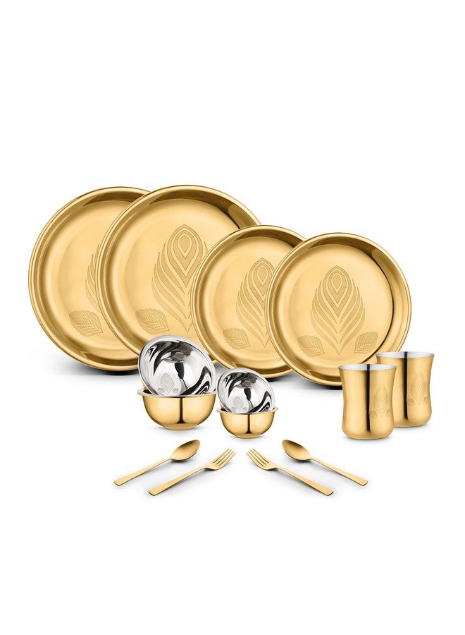 Classic Essentials Stainless Steel Gold Dinner Set with PVD Coating (Divine Dinner Set) | High Grade PVD Coating with Permanent Laser Design (Set of 14) - Image 1
