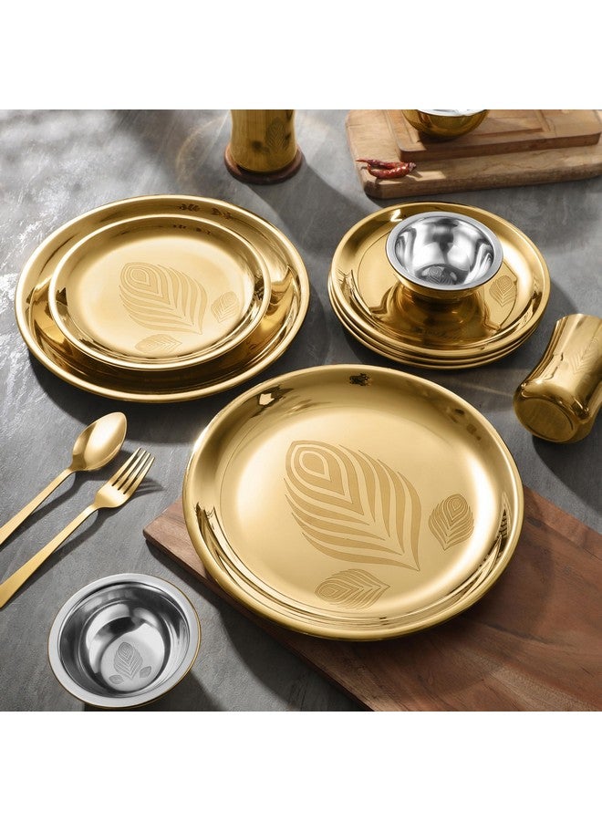 Classic Essentials Stainless Steel Gold Dinner Set with PVD Coating (Divine Dinner Set) | High Grade PVD Coating with Permanent Laser Design (Set of 14) - Image 2