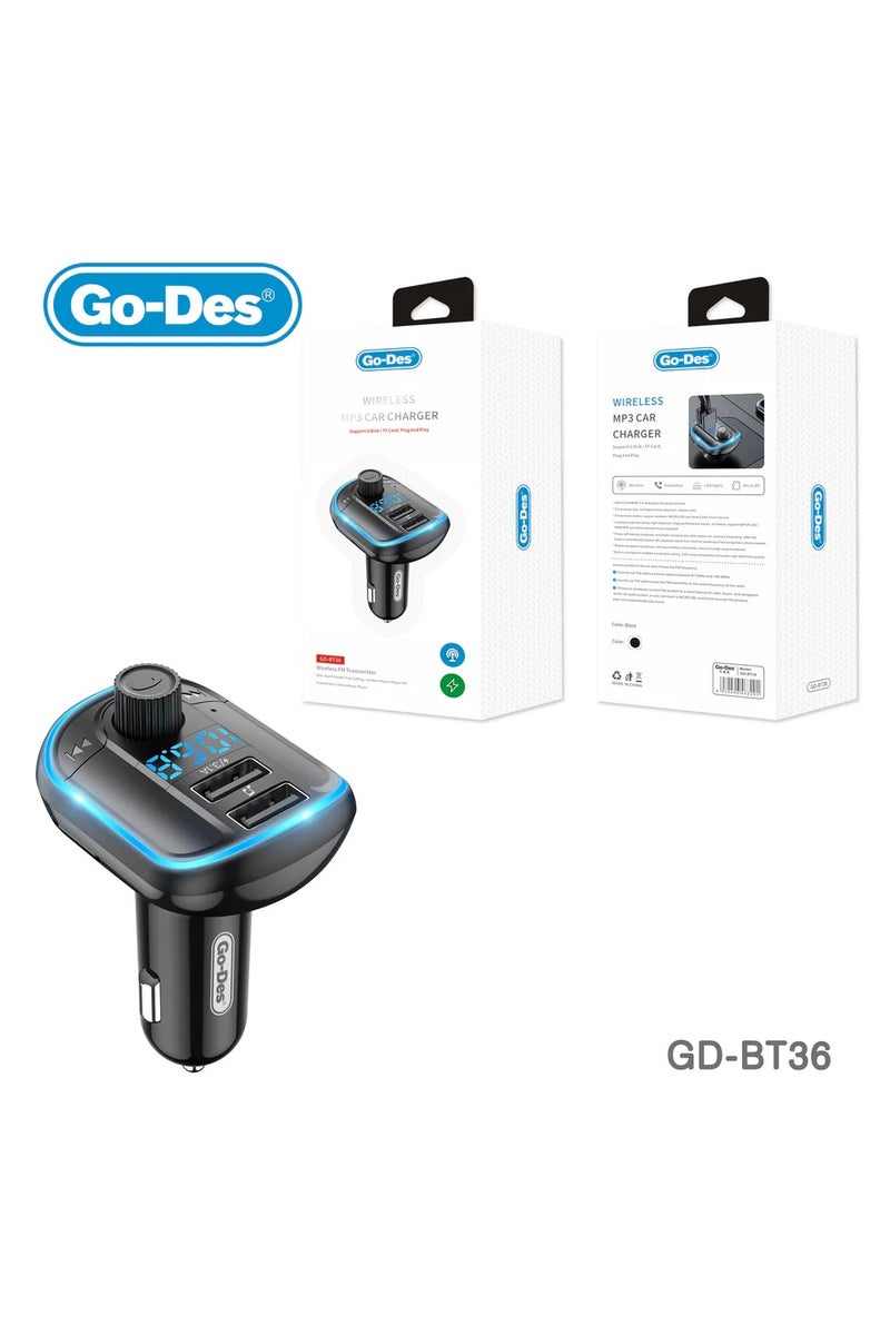 GO-DES Fm transmitter bluetooth wireless Hands-free Lossless Wireless Radio Mp3 Car Player With Blue Atmosphere Light - Image 1