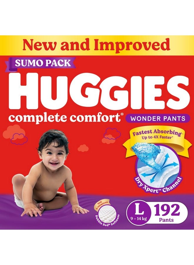 Huggies Complete Comfort Wonder Pants | Pant Style Baby Diapers L Size, 192 Count | India's Fastest Absorbing Diaper, Patented Dry Xpert Channel, Ideal for 9 to 14 Kgs - Image 1