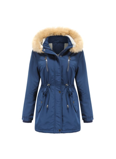 2024 Womens Thickened Sherpa Cotton Coat with Removable Hood Navy blue