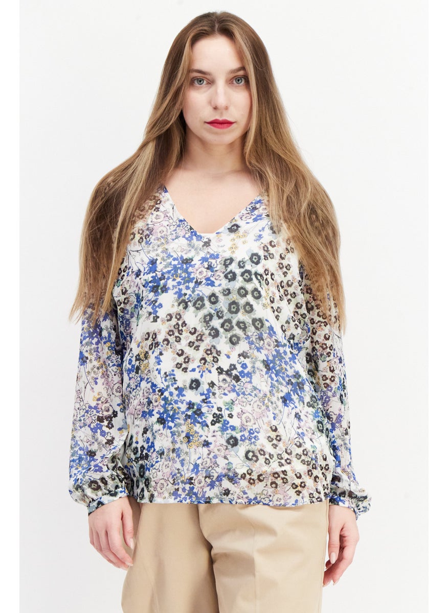 ESPRIT Women V Neck Allover Print Long Sleeve Blouse, White Combo  - Image 1