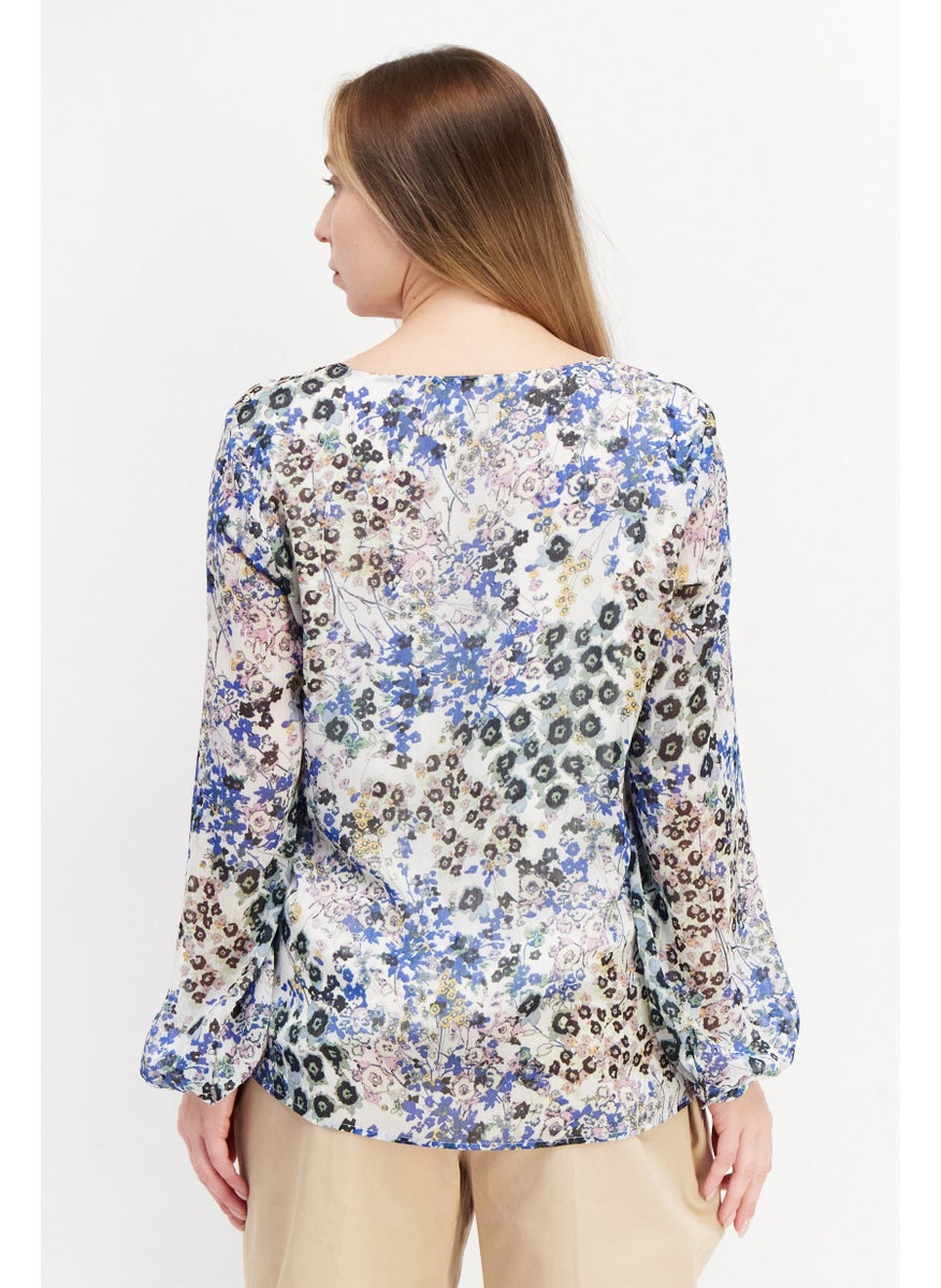 ESPRIT Women V Neck Allover Print Long Sleeve Blouse, White Combo  - Image 2