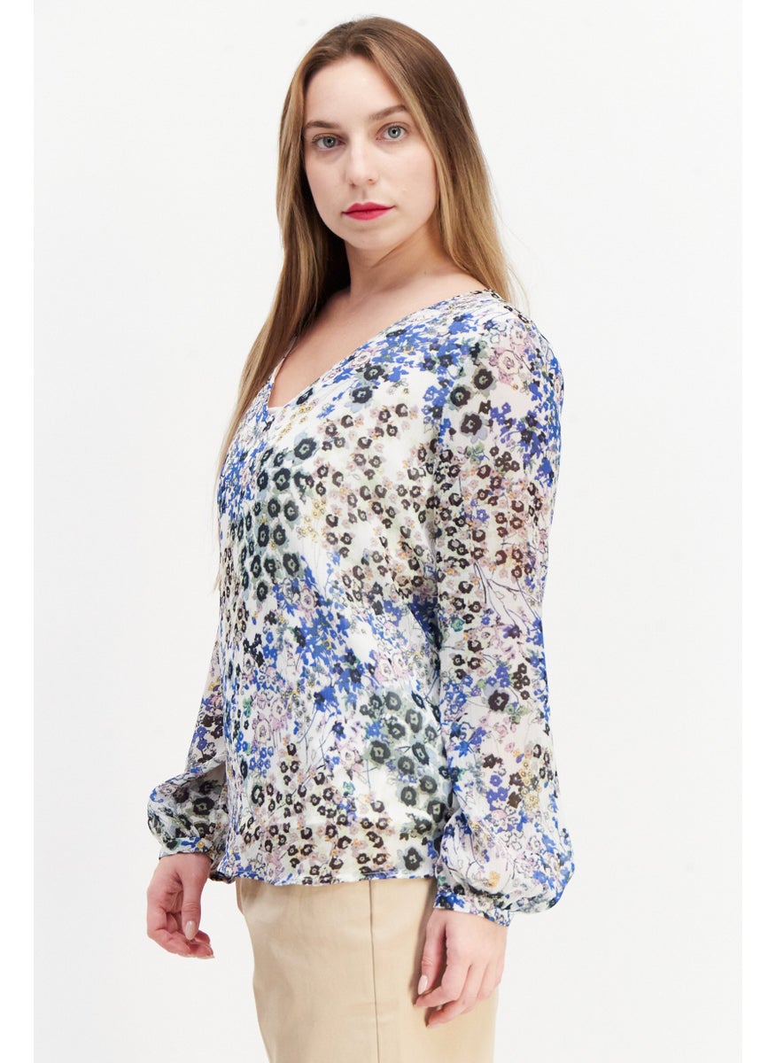 ESPRIT Women V Neck Allover Print Long Sleeve Blouse, White Combo  - Image 4