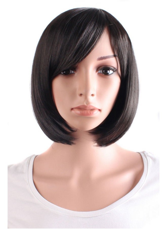 MapofBeauty - 30 Cm12 Inch Side Bangs Synthetic Straight Short Bob Wig (Black) - Image 1