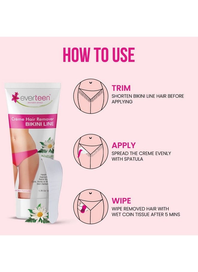 everteen Natural Hair Removal Cream With Chamomile For Bikini Line & Underarms In Women And Girls | No Harsh Smell, No Skin Darkening, No Rashes | 2 Packs 50 G Each With Spatula And Coin Tissues 