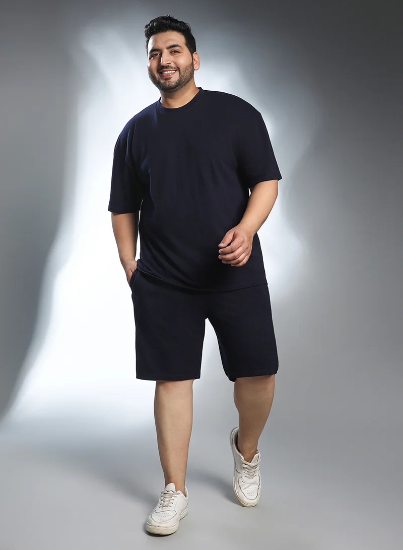 Instafab Plus Instafab Plus Men's Onyx Black Oversized Co-Ord Set For Casual Wear | Crew Neck | Short Regular Sleeves | Pull On Closure | Plus Size Co-Ords Crafted With Comfort Fit For Everyday Wear