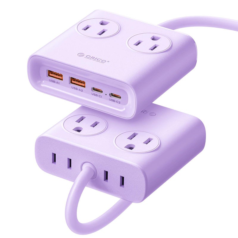 ORICO Power Brick, 25W GaN Power Strip, 8 in 1 Extension Cord with 4 AC Outlets and 2 USB-A and 2 USB-C Ports, 5ft Flat Plug Purple Outlet Extender for Home/Dorm/Travel-PDC (1 PCS) - Image 1