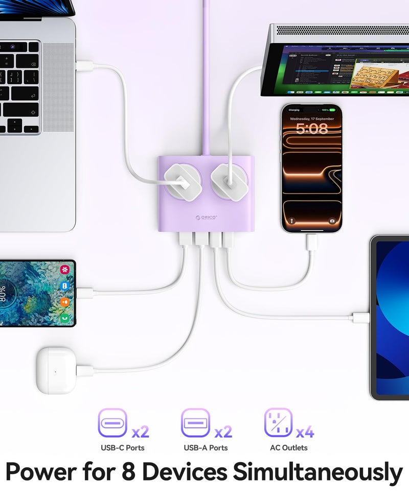 ORICO Power Brick, 25W GaN Power Strip, 8 in 1 Extension Cord with 4 AC Outlets and 2 USB-A and 2 USB-C Ports, 5ft Flat Plug Purple Outlet Extender for Home/Dorm/Travel-PDC (1 PCS) - Image 2