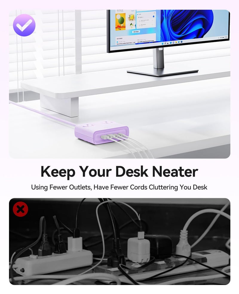 ORICO Power Brick, 25W GaN Power Strip, 8 in 1 Extension Cord with 4 AC Outlets and 2 USB-A and 2 USB-C Ports, 5ft Flat Plug Purple Outlet Extender for Home/Dorm/Travel-PDC (1 PCS) - Image 4