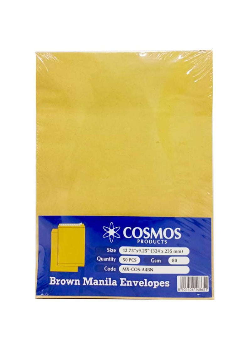 COSMOS A4 Plain Brown Envelopes 80 GSM, 12.75″x9.25″ Peel & Seal (Pack of 50 Pieces) - Image 1