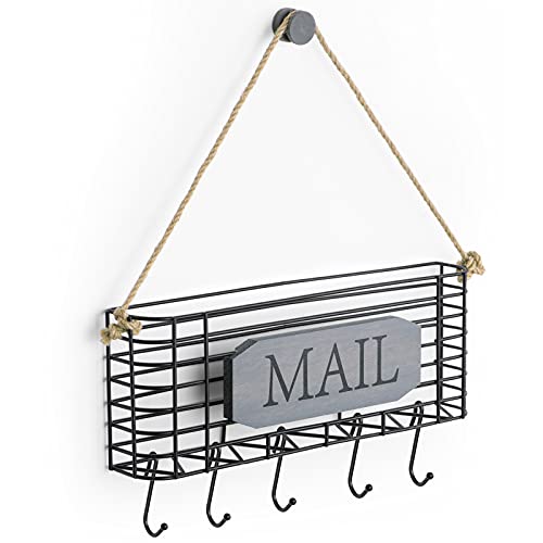 SRIWATANA Mail Key Holder for Wall, Rustic Mail Organizer Wall Mount with 5 Key Hooks, Large, Weathered Grey - Image 2