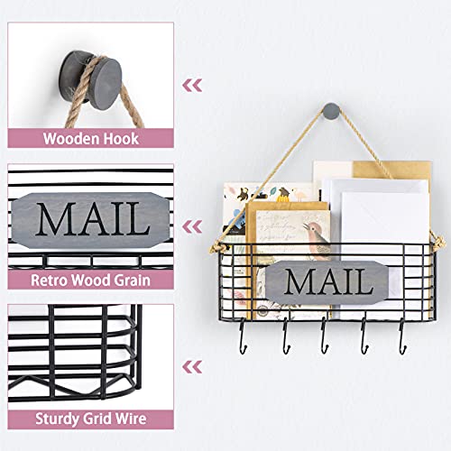SRIWATANA Mail Key Holder for Wall, Rustic Mail Organizer Wall Mount with 5 Key Hooks, Large, Weathered Grey - Image 3