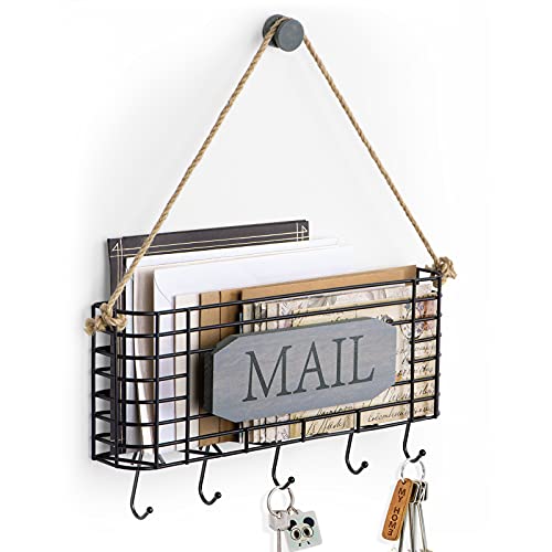 SRIWATANA Mail Key Holder for Wall, Rustic Mail Organizer Wall Mount with 5 Key Hooks, Large, Weathered Grey - Image 1
