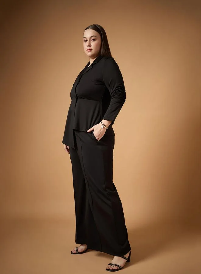 SASSAFRAS Plus Size Ruched Sleeves Blazer and Straight Pants Set by Styli