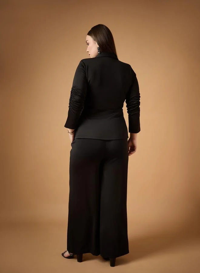 SASSAFRAS Plus Size Ruched Sleeves Blazer and Straight Pants Set by Styli