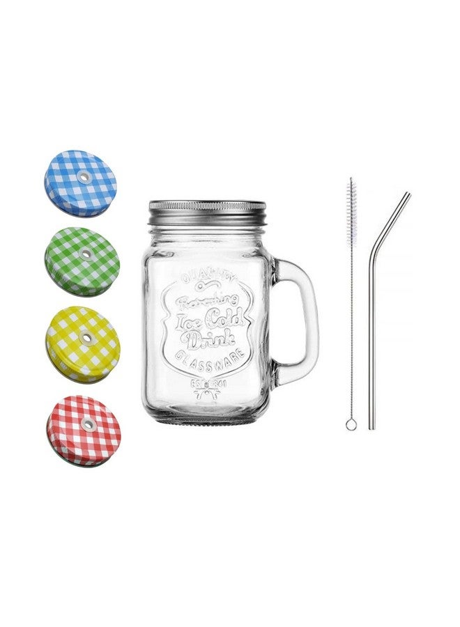 SAVE Mason Jar with Stainless Steel Straw and handle and 2 Lids- 1 Hole and 1 without Hole | Stylish Embossing Design | 450 ml | Multicolour (Bent Straw + Cleaning Brush) - Image 1