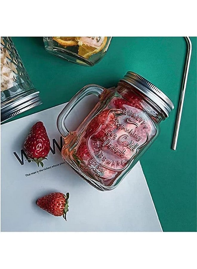 SAVE Mason Jar with Stainless Steel Straw and handle and 2 Lids- 1 Hole and 1 without Hole | Stylish Embossing Design | 450 ml | Multicolour (Bent Straw + Cleaning Brush) - Image 5