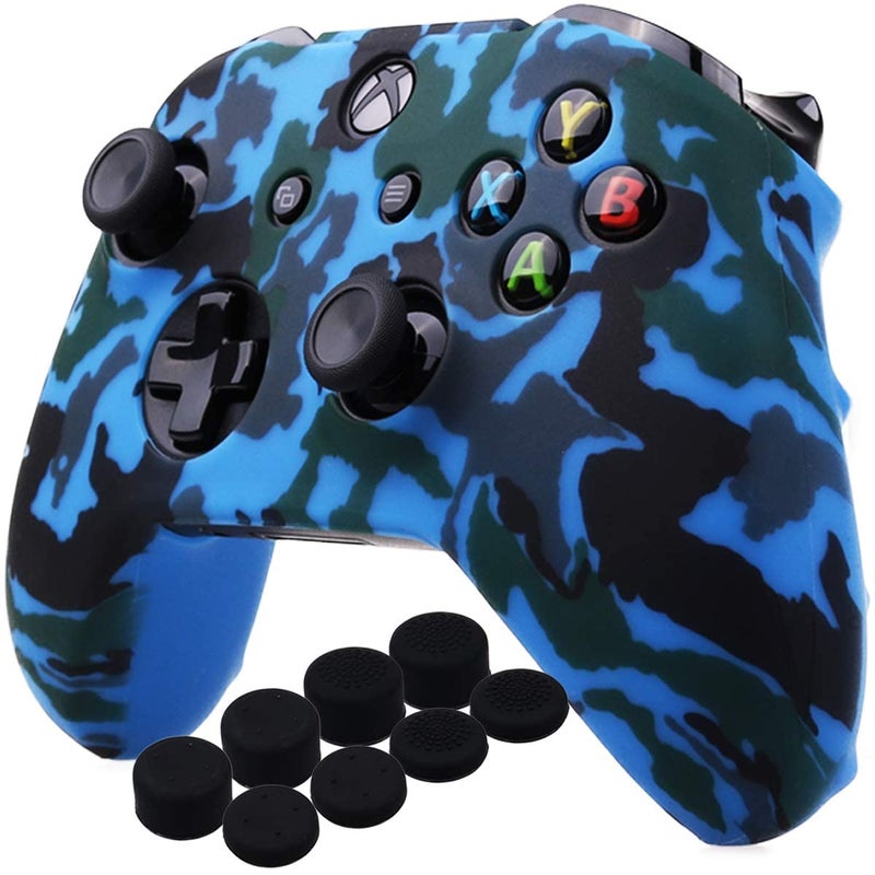 eWINNER Soft Silicone Gamepad Pad Joystick Case Skin Protective Cover & 8 x PRO Thumb Grip Caps Set compatible with Microsoft Xbox One/S/X Wireless Controller Grip Case (Camo Blue)