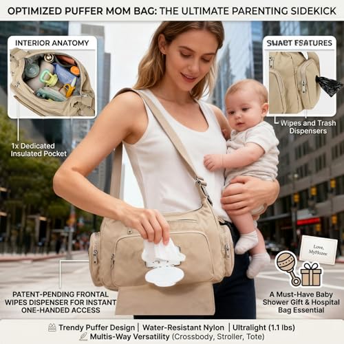 MYHOZEE Puffer Crossbody Diaper Bag for Mom - Lightweight Nylon Mom Bag Purse with Wipes & Trash Bag Dispenser - Compact Stroller Organizer Bag with Insulated Pocket, Water-Resistant, Black - Image 3
