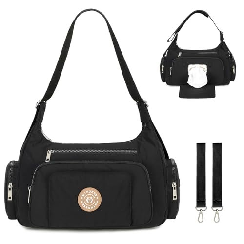 MYHOZEE Puffer Crossbody Diaper Bag for Mom - Lightweight Nylon Mom Bag Purse with Wipes & Trash Bag Dispenser - Compact Stroller Organizer Bag with Insulated Pocket, Water-Resistant, Black - Image 1