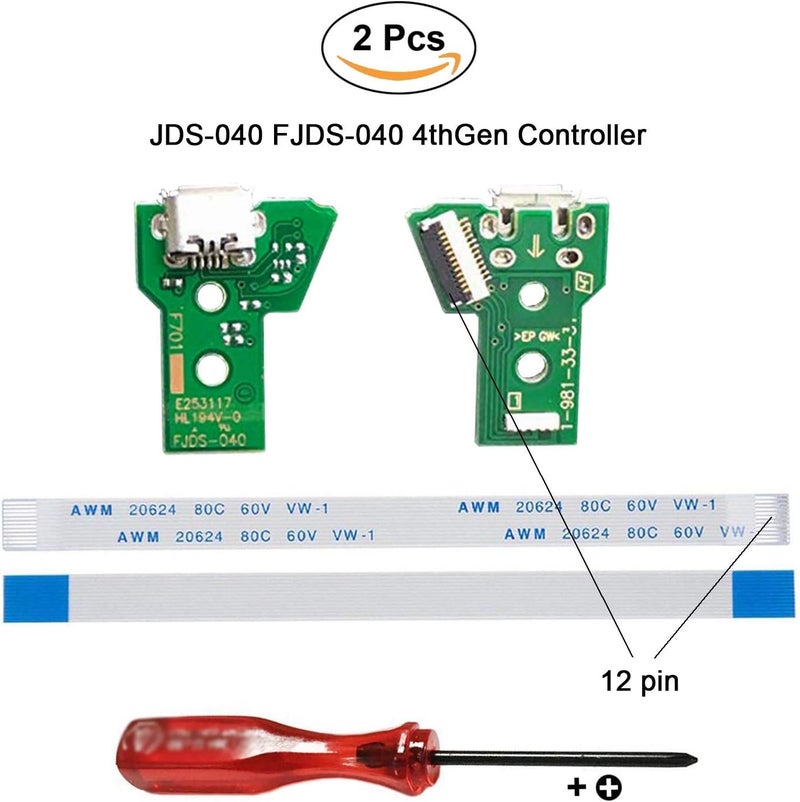 Rinbers حزمة من 2 قطع JDS-040 FJDS-040 منفذ شحن بديل محول Micro USB مقبس شحن لوحة دائرة كهربائية مع كابل مرن 12 سنًا لوحدة تحكم Sony PS4 الجيل الرابع DualShock 4 - Image 2