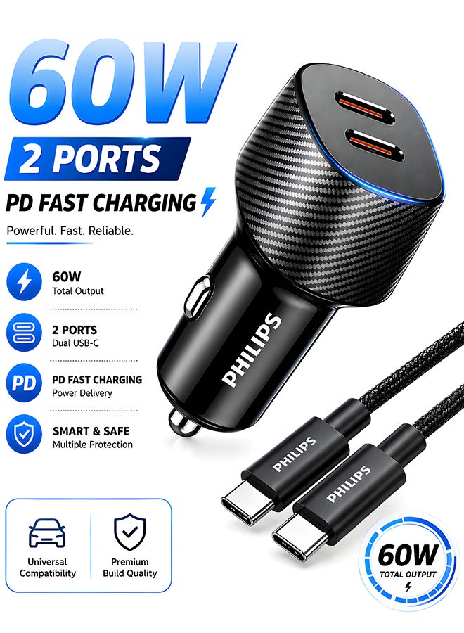 Philips 60W Dual USB-C PD Car Charger with Braided USB-C to USB-C Cable | Fast Charging Car Adapter for iPhone 16/15, Samsung Galaxy, iPad, MacBook, Android Devices | Black Black - With Cable - Image 1