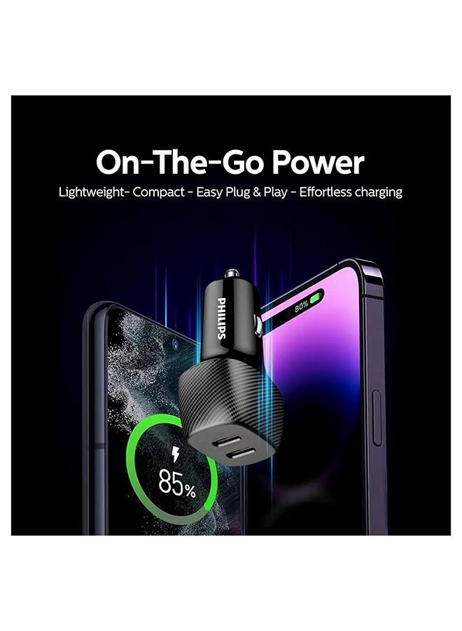 Philips 60W Dual USB-C PD Car Charger with Braided USB-C to USB-C Cable | Fast Charging Car Adapter for iPhone 16/15, Samsung Galaxy, iPad, MacBook, Android Devices | Black Black - With Cable - Image 2