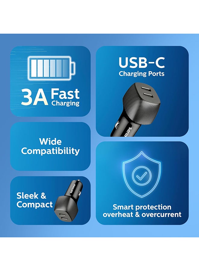 Philips 60W Dual USB-C PD Car Charger with Braided USB-C to USB-C Cable | Fast Charging Car Adapter for iPhone 16/15, Samsung Galaxy, iPad, MacBook, Android Devices | Black Black - With Cable - Image 3