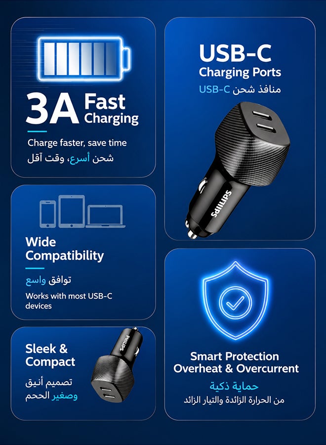 Philips 60W Dual USB-C PD Car Charger with Braided USB-C to USB-C Cable | Fast Charging Car Adapter for iPhone 16/15, Samsung Galaxy, iPad, MacBook, Android Devices | Black Black - With Cable - Image 3