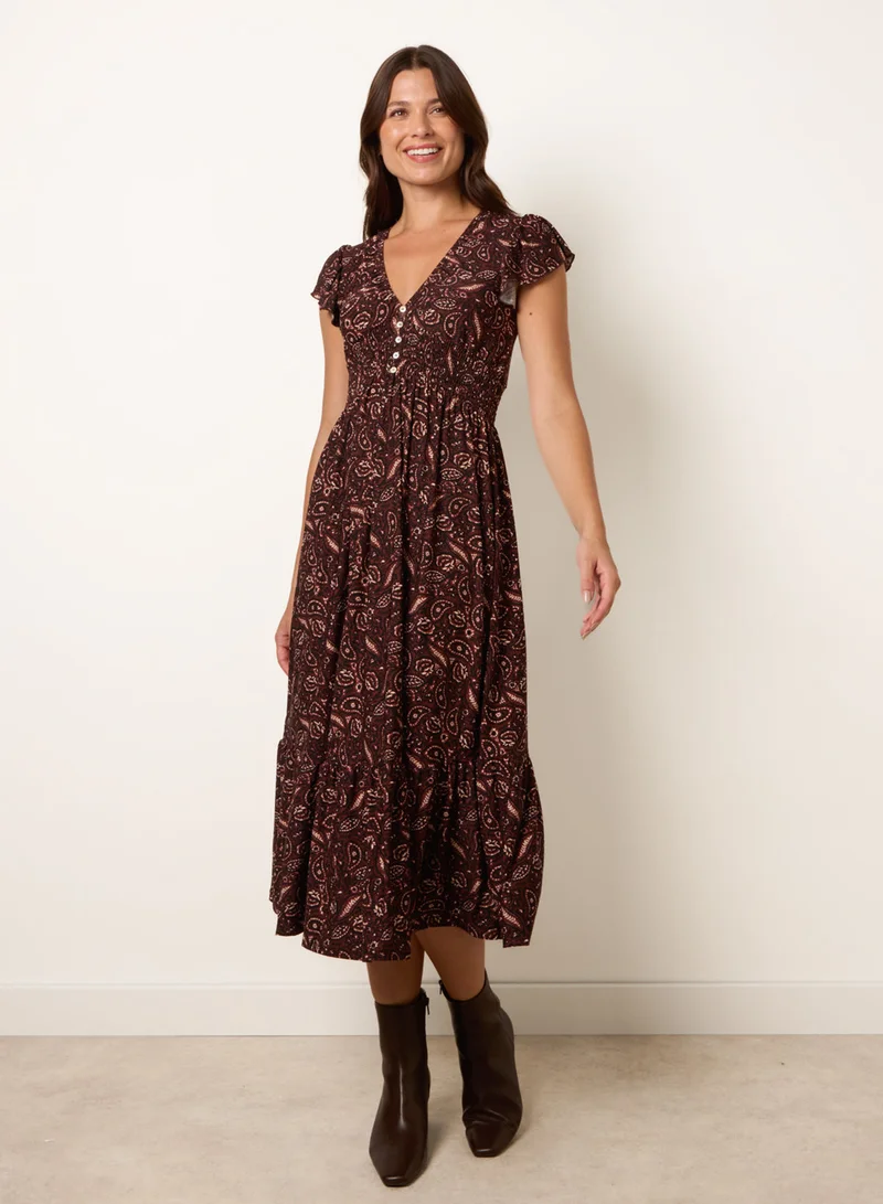 بلو فانيلا V Neck Midi Dress With Shirred Waist Button Front