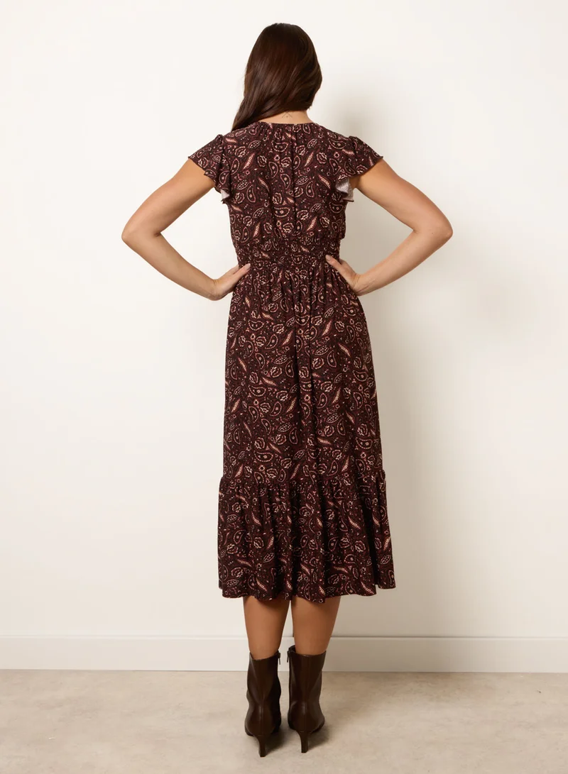 بلو فانيلا V Neck Midi Dress With Shirred Waist Button Front