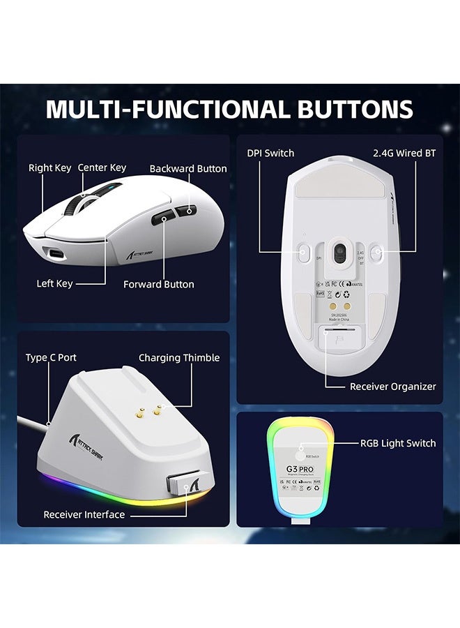 هجوم القرش ماوس ألعاب لاسلكي G3PRO مع قاعدة شحن RGB، اتصال سلكي 2.4 جيجا هرتز/USB-C/بلوتوث، مستشعر بصري PAW3311، معدل استجابة 1K قابل للتعديل، دقة 25K DPI، بطارية 500 مللي أمبير، وزن خفيف للغاية 59 جرام، متوافق مع ويندوز 11/إكس بوكس/بلاي ستيشن/ماك (أبيض) - Image 5