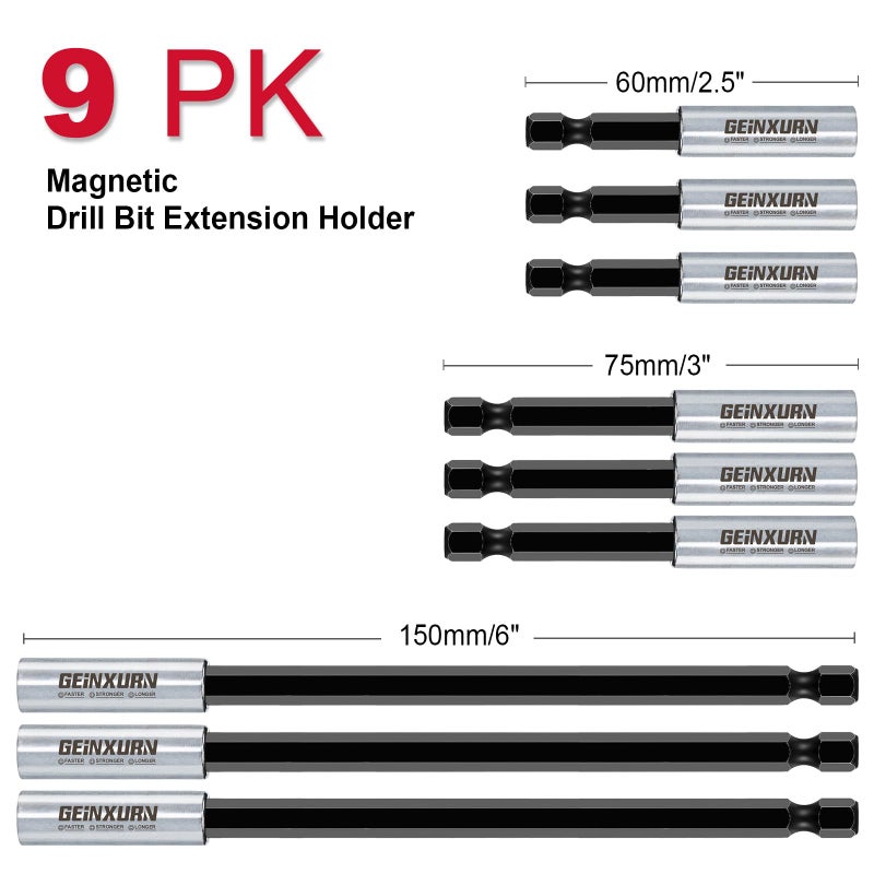 Geinxurn 9Pc Cr-V Screwdriver Bit Holders, Extension Socket Drill Bit Magnetic Holder Hex Shank Quick-Change Drill Bit Guide (2.5â€3â€6â€) - Image 2