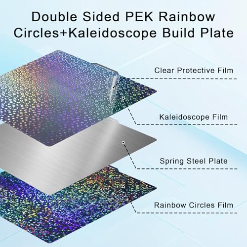 IdeaFormer-3D Smooth Rainbow Circles+Kaleidoscope PEK Build Plate for Bambu Lab X2D/X1/X1C/X1E/P1P/P1S/P2S/A1, Flexible X2D P1S P2S PEK Spring Steel Bed Plate for Bambu Labs 257x257mm 3D Printers - Image 2