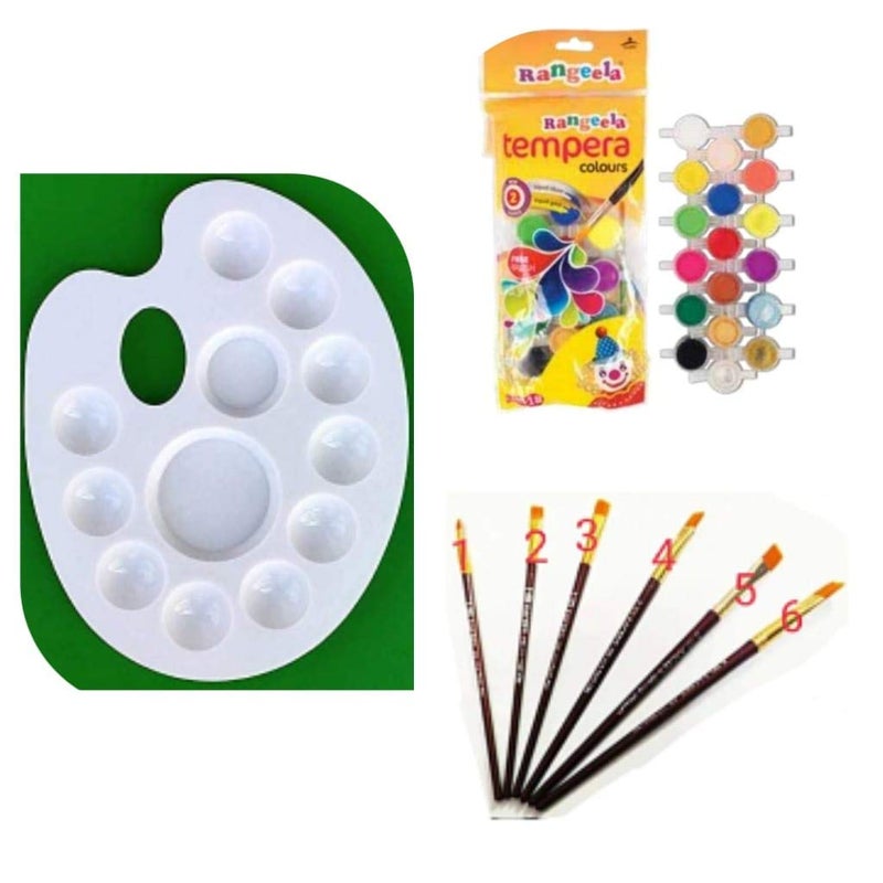 FIRST CLICK Art Palette Oval Shape + Pidilite Rangeela Student Tempera Color 18 Shade + Set of Flat Brushes - Image 1