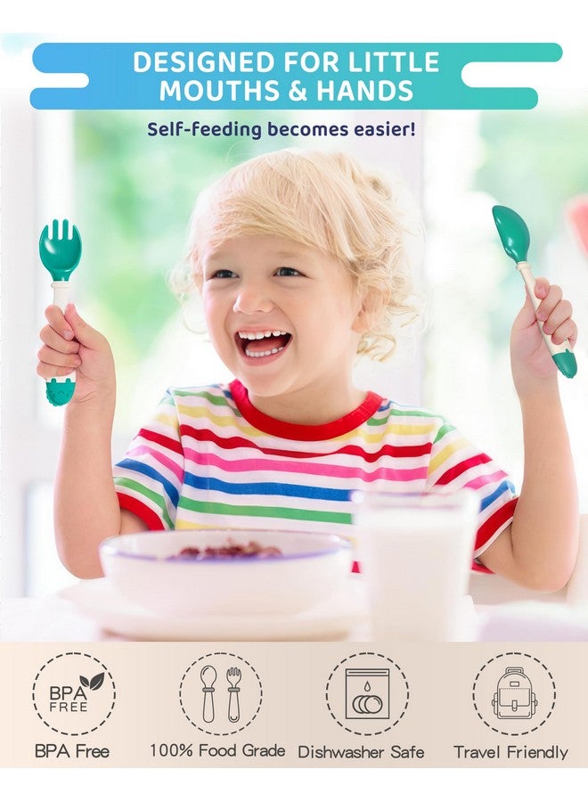 Deejoy أدوات تناول الطعام للأطفال من ديجوي، مجموعة أدوات تناول الطعام الذاتية مع حقيبة سفر، ملاعق وشوك للأطفال مع مقبض سيليكون قابل للانحناء، سهل الإمساك ومقاوم للحرارة، مثالي للأطفال، المرحلة 2 (أخضر) - Image 4
