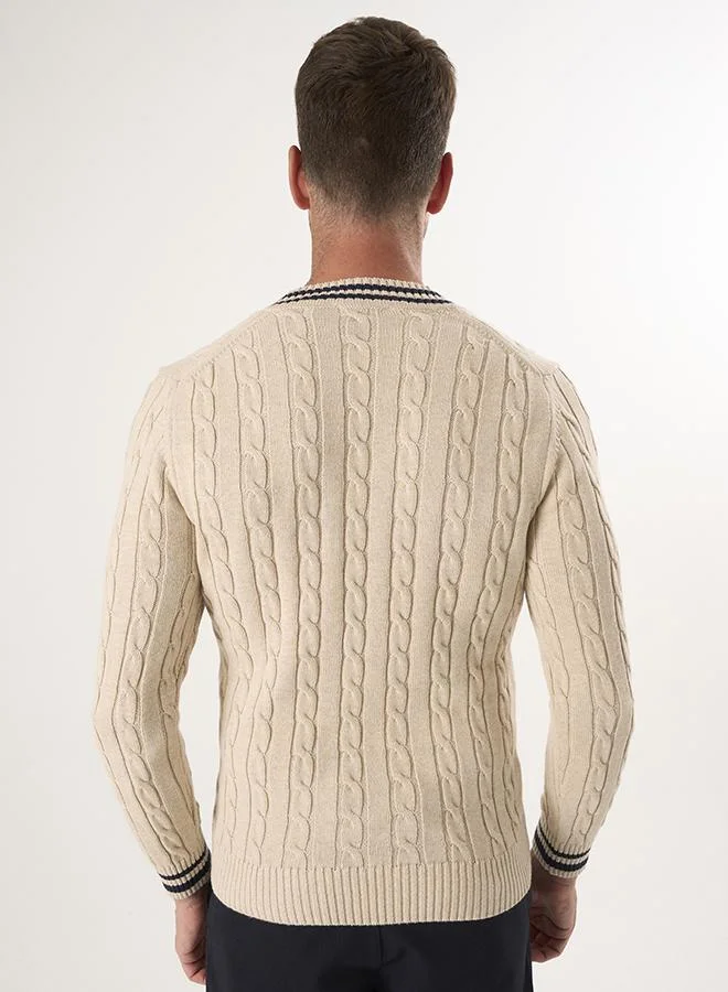 FELIX HARDY Beige V-Neck Basic Cable Knit Pullover for Men | Best Price UAE